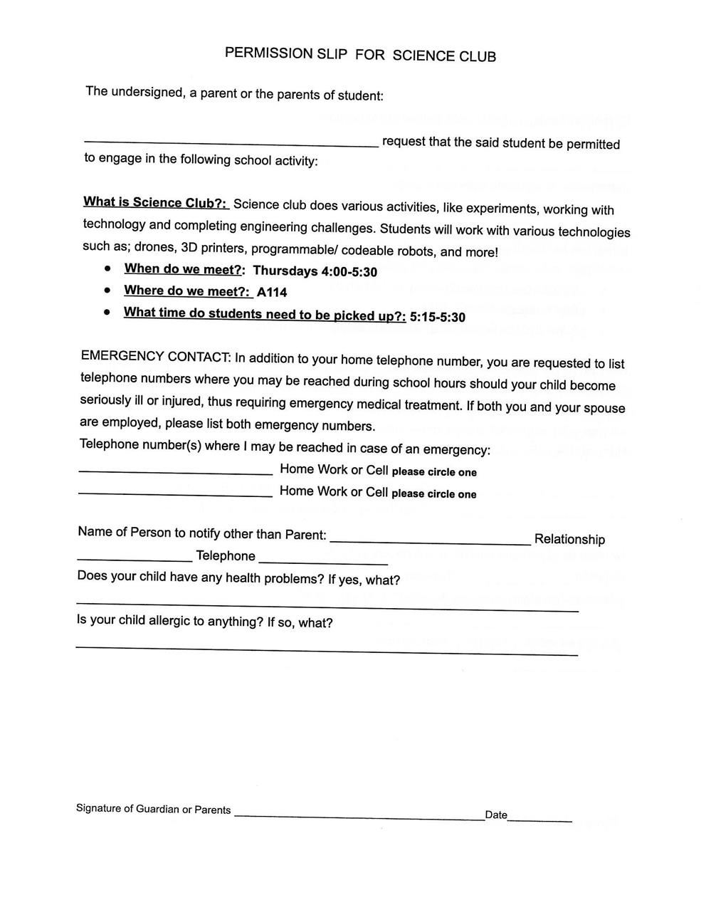 Science Club Permission Slip 